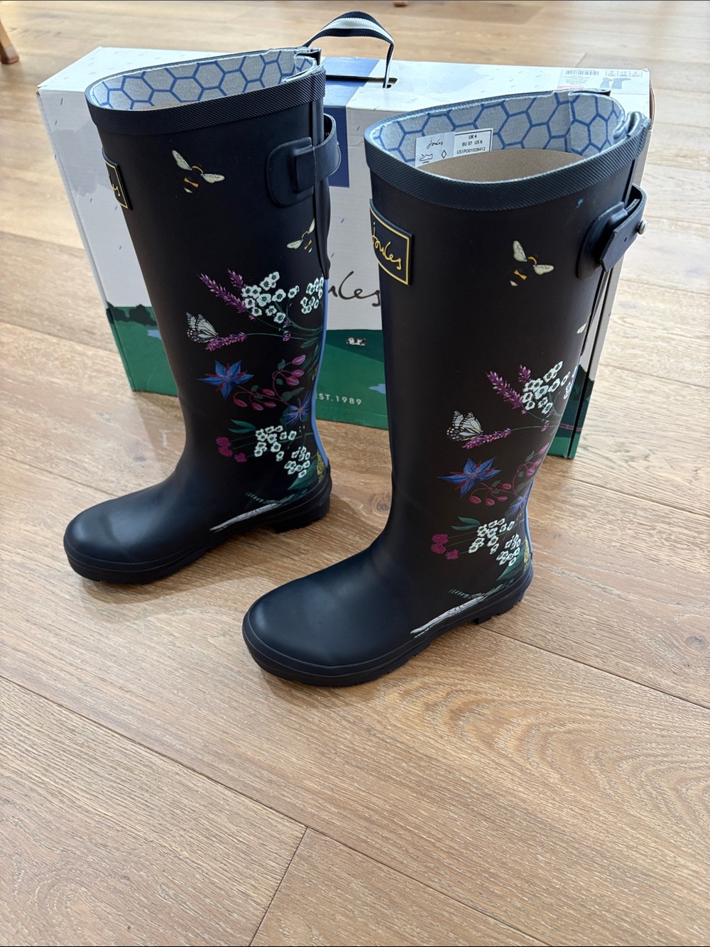 Joules Navy Floral & Bee Tall Rain Boots